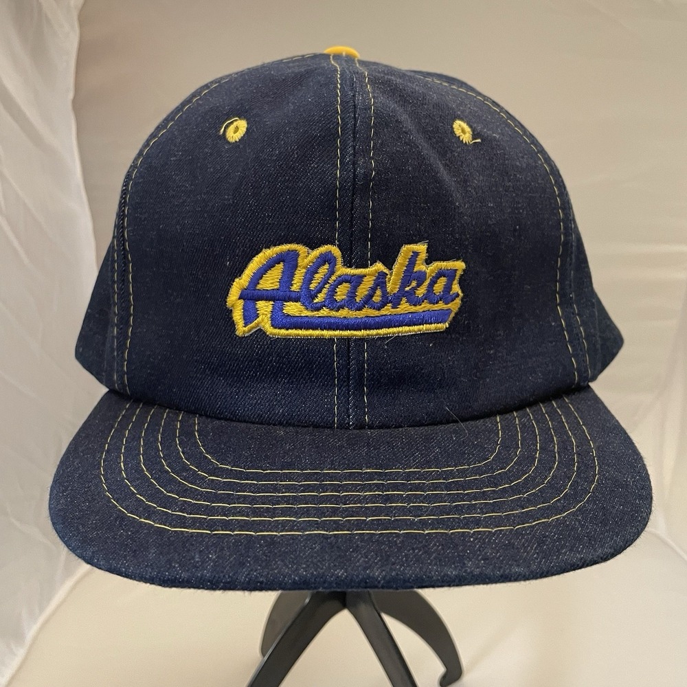 Vintage Sam Jung 100% Cotton Blue Denim Alaska Embroidered Trucker SnapBack Hat